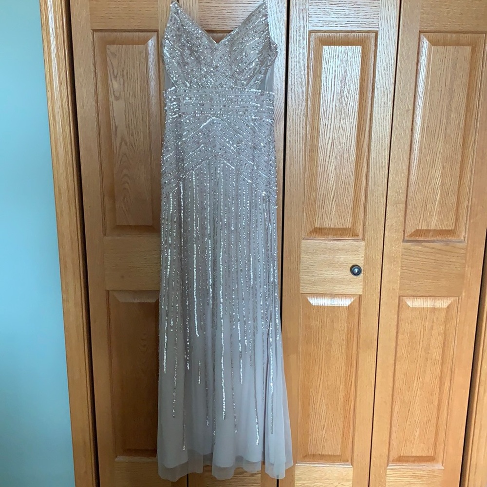 Adrianna Papell sequin bridesmaid dress color morganite. No alterations made.